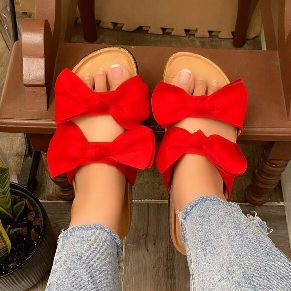 Red Double Bow Slide Sandal - Picture 2 of 6